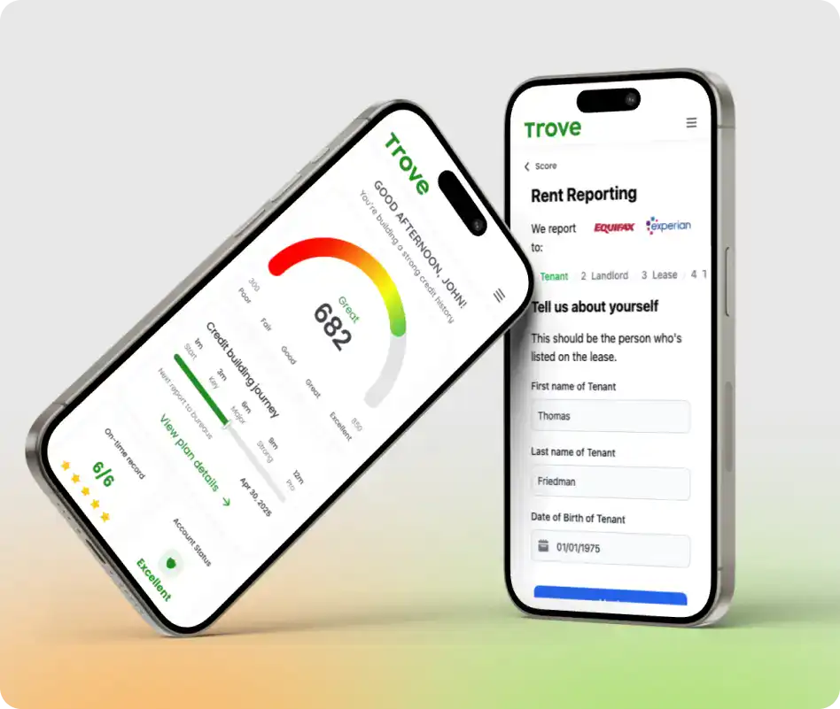 Mobile app interface showing credit score and rent reporting forms for tenant screening on Beccas platform.