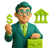 Wealth management advisor holding a dollar sign and briefcase in front of bank building in a professional setting.